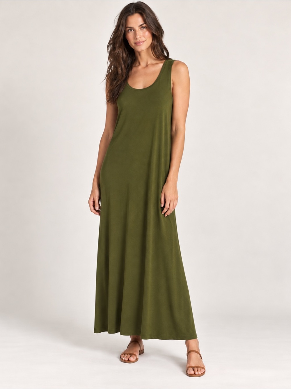 Basic NU Olive Green Sleeveless Maxi Dress Side Slit Minimalist Dress